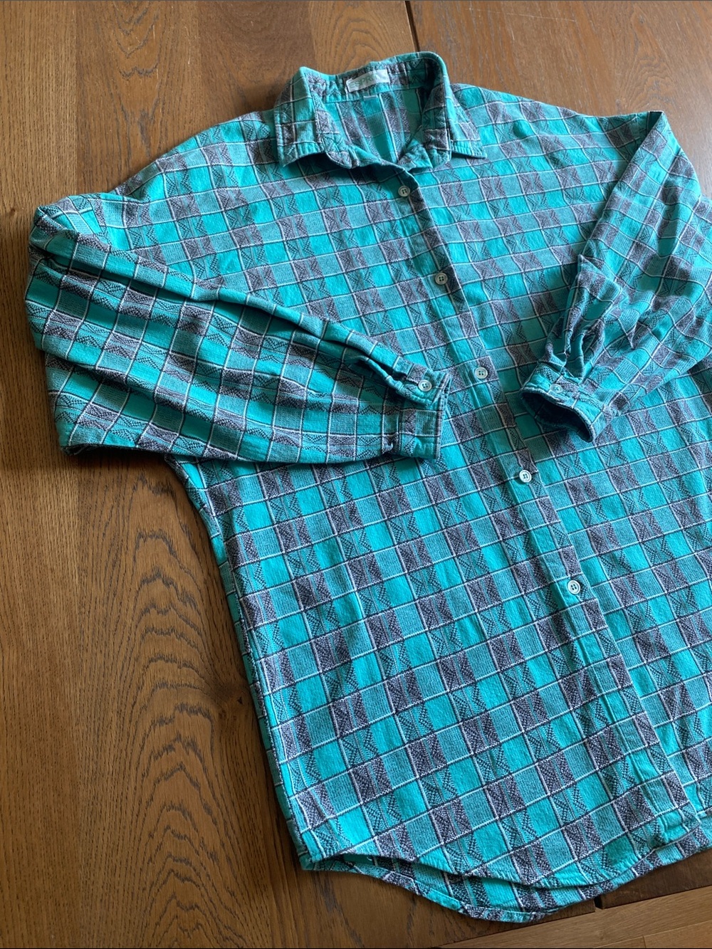 Vintage 80s Esprit Turquoise Plaid 100% Cotton Women’s Button Up Shirt Oversized